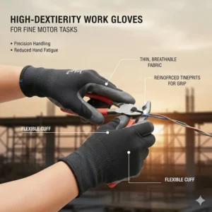 Illustration of thin, high-dexterity work gloves for construction workers performing fine motor tasks like wiring.