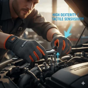 Mechanic using lightweight summer gloves to handle engine bolts, highlighting tactile sensitivity and high dexterity.