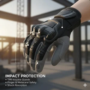 Illustration highlighting TPR knuckle guards on impact-resistant work gloves for construction safety.