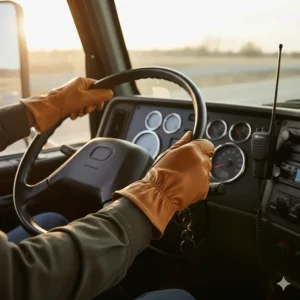 A worker wearing leather drivers style gloves while operating a steering wheel of a commercial vehicle.