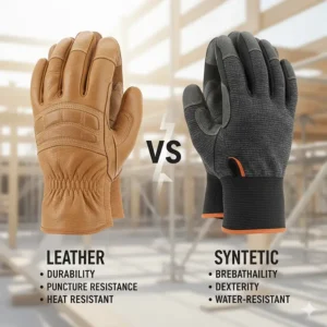 A comparison chart of leather and synthetic work gloves for construction durability and breathability.
