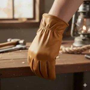 Detailed view of the shirred elastic wrist on a leather driver glove designed to keep out debris.