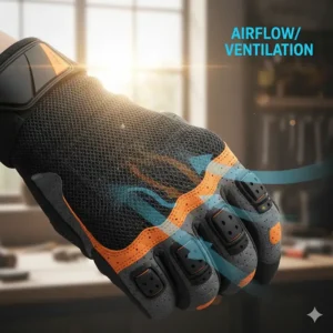 Close-up illustration of the breathable mesh fabric on summer mechanic gloves allowing heat to escape through airflow.