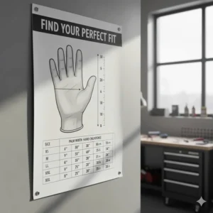 An easy-to-read sizing chart for choosing the best-fitting mechanic gloves based on hand measurements.