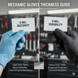 Infographic comparing 6-mil and 8-mil glove thickness for durability during automotive maintenance.