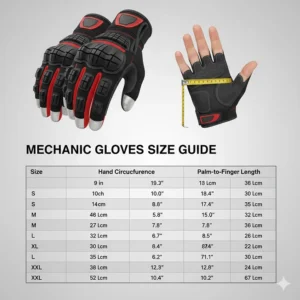 Size guide illustration to ensure a snug fit for mechanic gloves with touchscreen fingers.