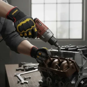 Illustration of a technician using impact resistant mechanic gloves while operating an automotive impact wrench.