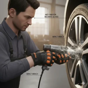 Illustration of a mechanic using a pneumatic impact wrench while wearing anti-vibration gloves.