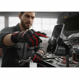A mechanic using a smartphone without removing their touchscreen-compatible work gloves.