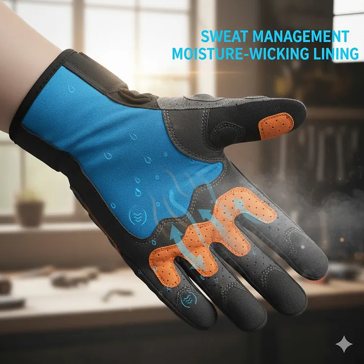 Diagram showing moisture-wicking lining in mechanic gloves to manage sweat and keep hands dry during hot summer work. breathable mechanic gloves for summer