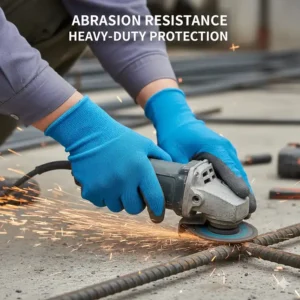 Illustration showing the high abrasion resistance of nitrile coated gloves during heavy-duty construction work.