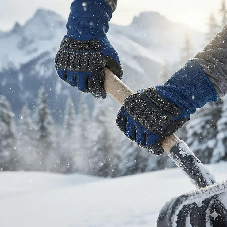 A pair of insulated nitrile coated gloves for cold weather being used to handle ice-covered equipment.