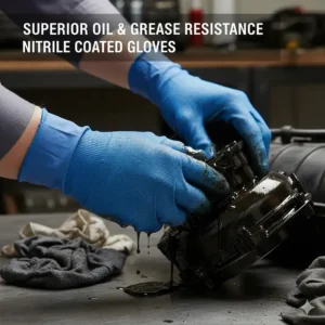 Nitrile coated gloves used to grip an oily metal part, demonstrating superior oil and grease resistance.