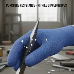 Cut-away view of a nitrile dipped glove protecting a hand from sharp metal edges and punctures.