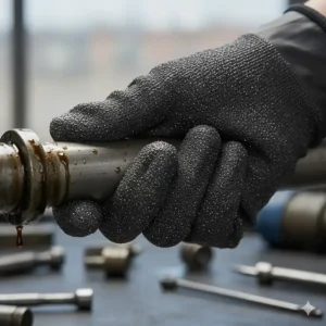 Close-up detail of a sandy nitrile coating providing enhanced grip for oily surfaces.