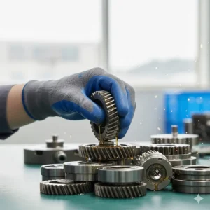 Close-up of nitrile coated palm providing a secure grip on oily metal parts during assembly.