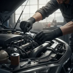 Illustration of a mechanic using nitrile work gloves for engine repair and oil handling.