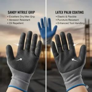 Close-up illustration of sandy nitrile and latex palm coatings on work gloves for construction grip.