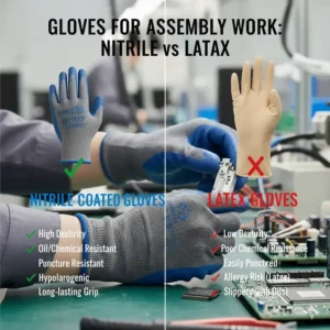 Comparison-style shot showing the superior texture and safety of nitrile coated gloves for assembly tasks.