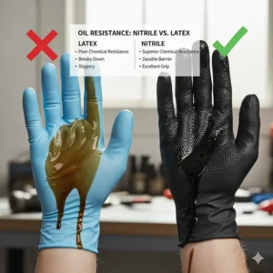 Comparison chart showing why nitrile is the best mechanic glove material for oil changes due to chemical resistance.