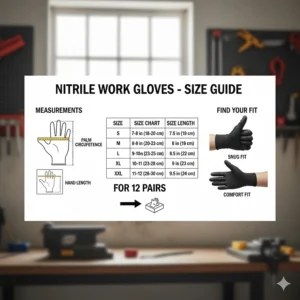 A clear size guide illustration to help customers choose the right fit for their 12 pairs of nitrile gloves.