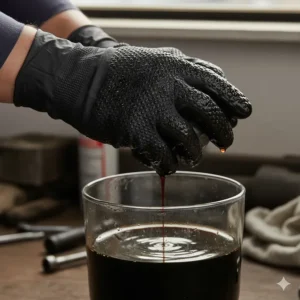 Illustration of a hand in a nitrile glove submerged in motor oil to demonstrate liquid-proof protection.
