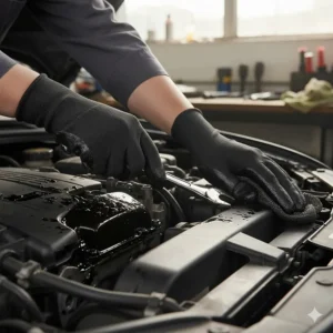 Nitrile coated gloves protecting hands from grease and motor oil during automotive repair.
