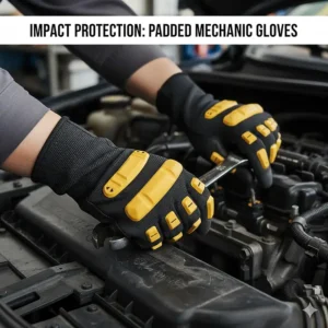 Mechanic gloves with TPR impact protection on knuckles for heavy-duty engine work.