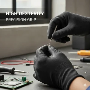 Close-up of polyurethane coated gloves providing a high-dexterity grip on small electronic components.