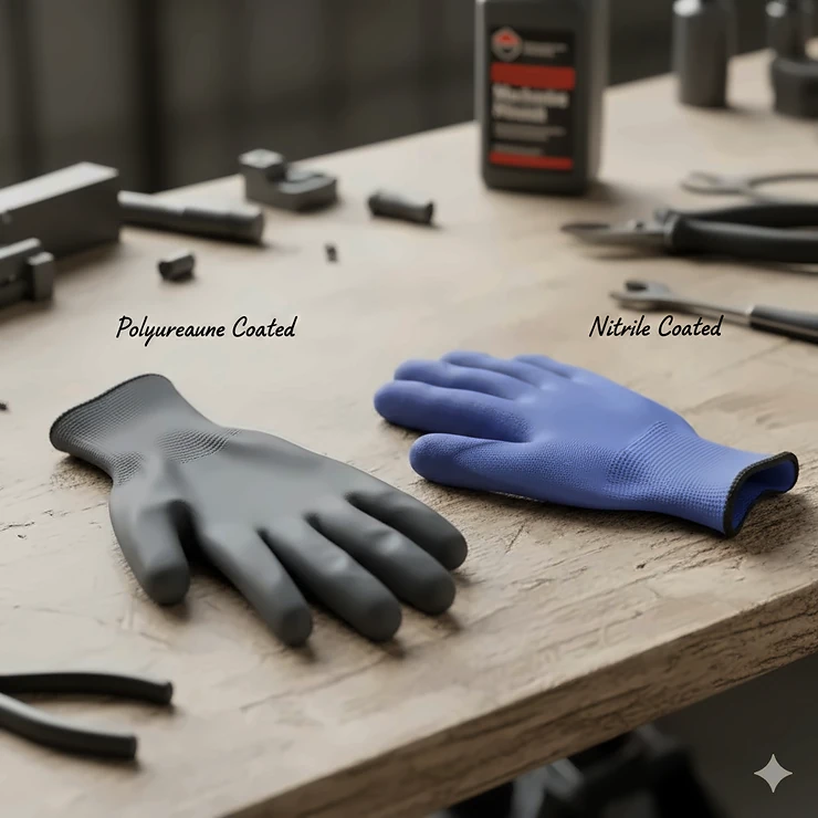 A side-by-side comparison of polyurethane coated and nitrile coated work gloves highlighting the difference in surface texture and coating thickness. polyurethane coated vs nitrile coated gloves
