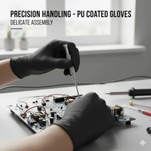 A worker using polyurethane coated gloves for precision assembly of small screws and delicate hardware.