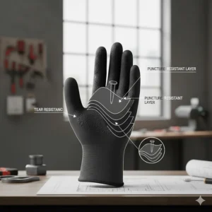 Diagram showing the puncture and tear resistance layers of high-quality nitrile work gloves.