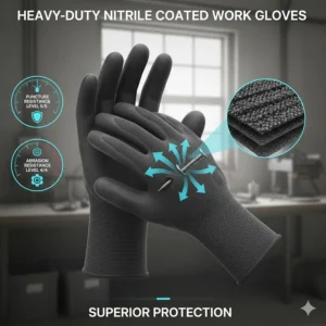 A diagram highlighting the puncture and abrasion resistance levels of heavy-duty nitrile work gloves.