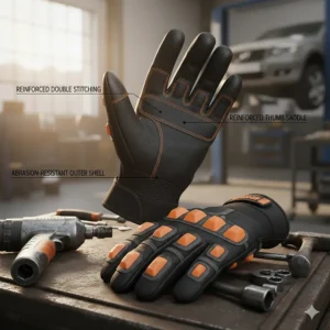 Diagram showing double-stitched seams and reinforced thumb saddles for long-lasting glove durability.