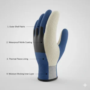 Diagram showing the multi-layer construction of nitrile coated gloves for cold weather including the thermal liner.