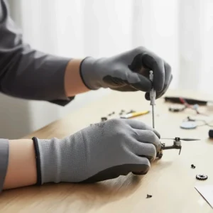A worker performing high-dexterity tasks with thin 15-gauge nitrile coated work gloves.