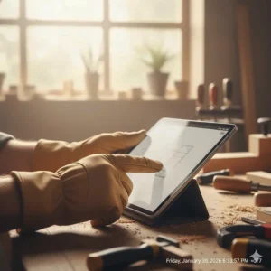 Person using a smartphone tablet with touchscreen-compatible fingertips on carpentry work gloves.