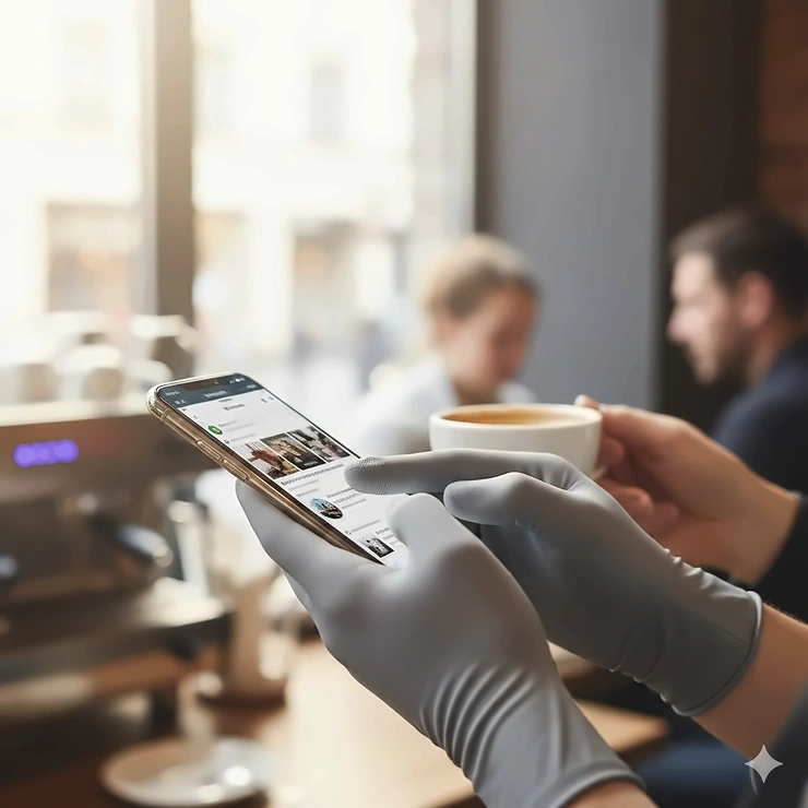 A person using a smartphone while wearing grey touchscreen compatible polyurethane gloves with high dexterity.