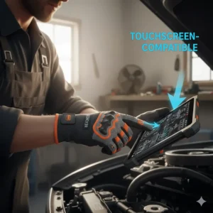 A mechanic using a digital tablet while wearing breathable summer work gloves with touchscreen-compatible fingertips.