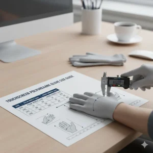 Sizing guide for touchscreen compatible polyurethane gloves to ensure a snug and responsive fit.