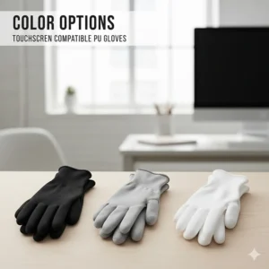 Multiple color options for touchscreen compatible polyurethane gloves including black, white, and grey.