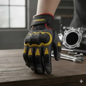 Close-up illustration of TPR guards on impact resistant mechanic gloves protecting knuckles and fingers.