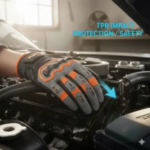 Visual of TPR impact guards on the knuckles of a lightweight breathable mechanic glove for safety and hand protection.