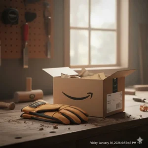 A pair of top-rated carpentry gloves next to an Amazon shipping box on a woodworker's bench.