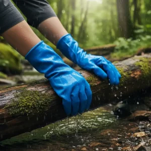 A pair of fully dipped nitrile coated gloves being used in wet outdoor conditions.