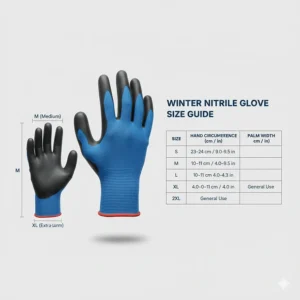 A clear size guide for selecting the correct fit for insulated nitrile coated gloves for cold weather.