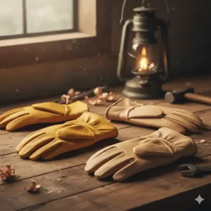 Multiple pairs of leather drivers style work gloves shown in classic yellow and natural tan colors.