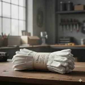 A dozen-pair bundle of heavy-duty cotton work gloves for industrial use.