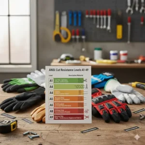 Infographic explaining ANSI cut resistance levels from A1 to A9 for safety gloves.