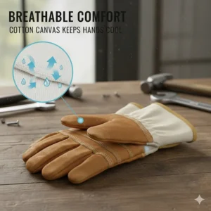 Infographic highlighting the breathable cotton canvas material that keeps hands cool during manual labor.
